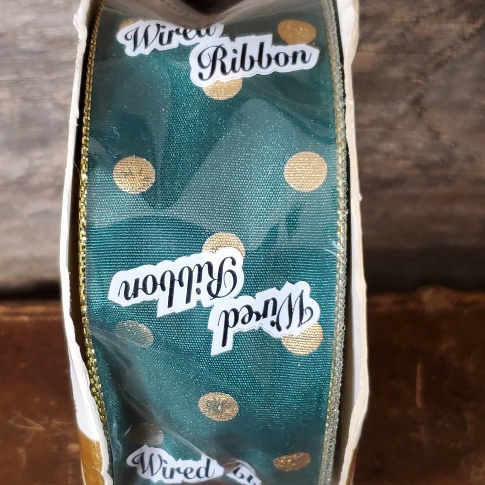 Offray Wired RIbbon - Taffeta Polkadot - Emerald Green & Gold 15 yrds x 1.5 inch